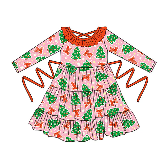 Preorder moq 5 Baby Girls Pink Long Sleeves Bows Trees With Belt Ruffle Knee Length Dresses 5.2