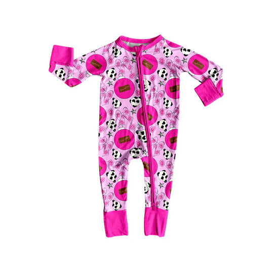 Preorder(moq 5)Baby Girls Hot Pink Flower Bows Cow Print Western Zipper Footie Rompers 8.30