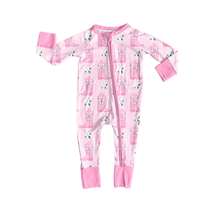 Preorder (moq 5)Baby Girls Long Sleeves Pink Flowers Boots Plaid Zipper Romper 7.2