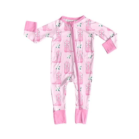 Preorder (moq 5)Baby Girls Long Sleeves Pink Flowers Boots Plaid Zipper Romper 7.2