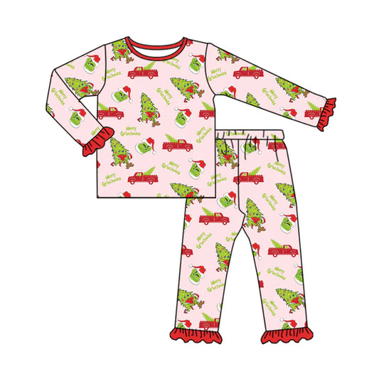 Preorder(moq 5) Baby Girls Long Ruffle Sleeves Trucks Trees Green Face Top Pants Pajamas Set 7.24