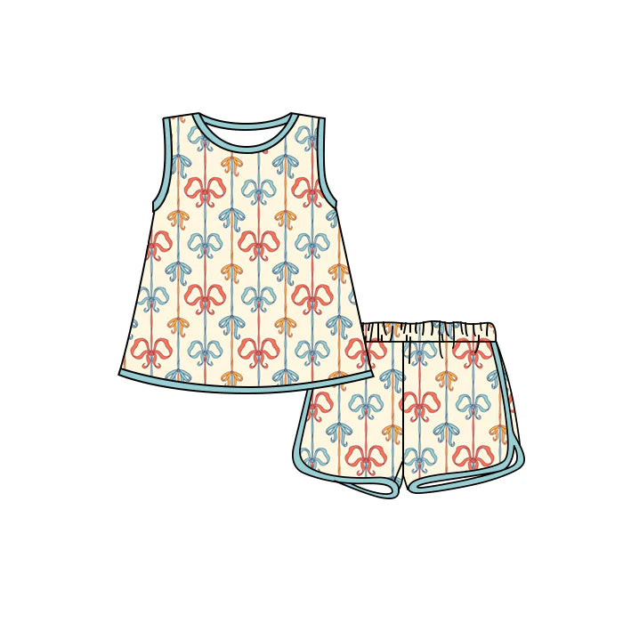 Preorder moq 5 Baby Girls Sleeveless Colorful Bows Stripe Tunic Short Set 4.17