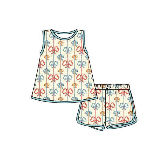Preorder moq 5 Baby Girls Sleeveless Colorful Bows Stripe Tunic Short Set 4.17