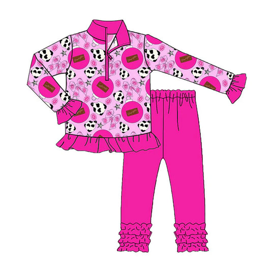 Preorder (moq 5)Baby Girls Cow Print Flower Bows Zipper Pullovers Ruffle Leggings Western Set 8.30