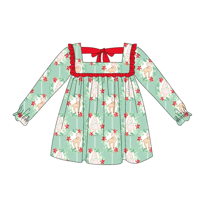 Preorder (moq 5)Baby Girls Long Ruffle Sleeves Green Trees Deer Plaid Knee Length Dresses 5.20