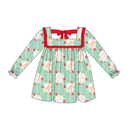 Preorder (moq 5)Baby Girls Long Ruffle Sleeves Green Trees Deer Plaid Knee Length Dresses 5.20