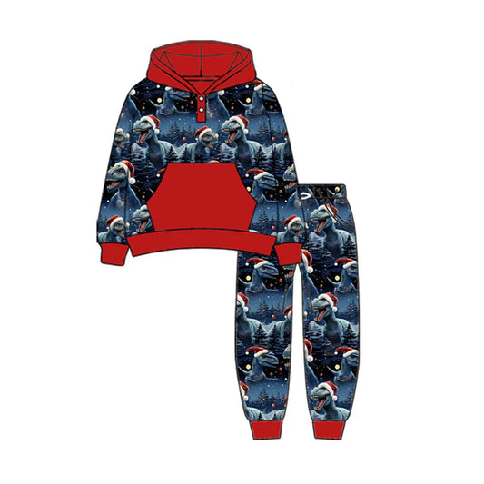 Preorder (moq 5)Baby Boys Button Pocket Hats Dinosaurs Hoodie Jogger Christmas Navy Clothes Sets 9.4