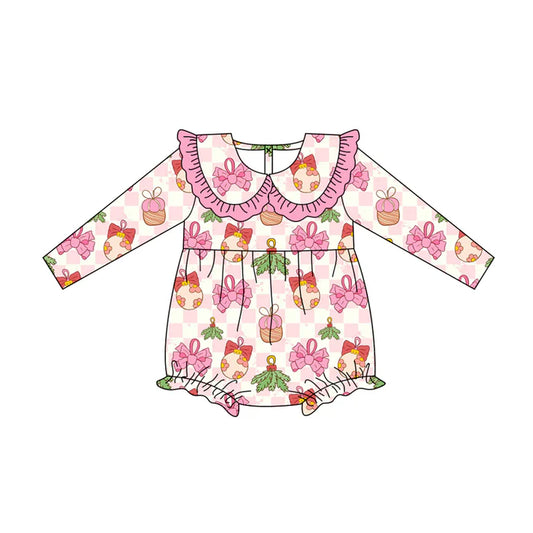 Preorder (moq 5)Baby Girls Long Sleeves Pink Bows Lights Holly Plaid Ruffle Romper 7.2
