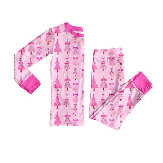 Preorder(moq 5) Baby Girls Christmas Pink Trees Top Pants Lounge Wear Pajamas Sets 8.12