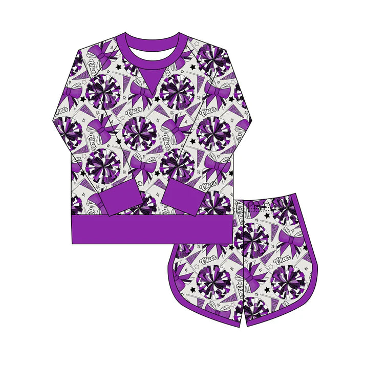 Preorder(moq 8)Baby Girls Purple Bows Go Footballs Long Sleeve Top Shorts Team Clothes Set 9.27