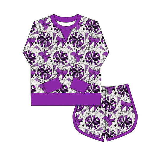 Preorder(moq 8)Baby Girls Purple Bows Go Footballs Long Sleeve Top Shorts Team Clothes Set 9.27