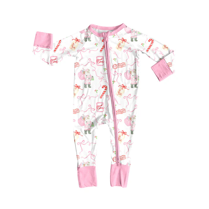 Preorder (moq 5)Baby Girls Long Sleeves Pink Santa Bows Candy Cane Zipper Romper 7.2