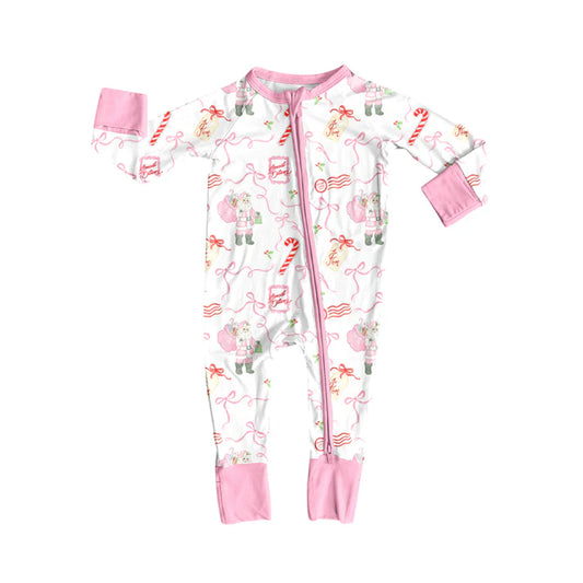 Preorder (moq 5)Baby Girls Long Sleeves Pink Santa Bows Candy Cane Zipper Romper 7.2