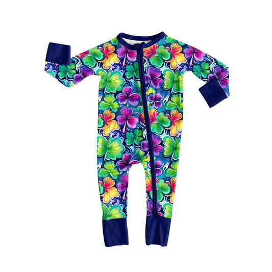 Preorder (moq 5)Baby Girls Long Sleeve Colorful Clover St Patrick Zipper Footie Rompers 10.4
