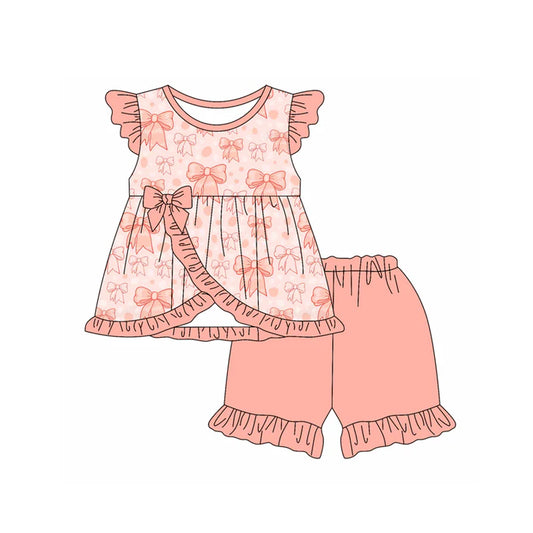 Preorder moq 5 Baby Girls Peach Flutter Sleeves Bows Tunic Ruffle Short Set 4.17