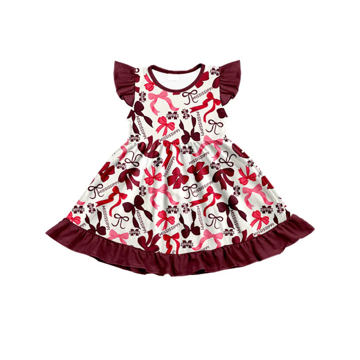 Preorder (moq 5) flutter sleeves M maroon bows girls team dress 8.22