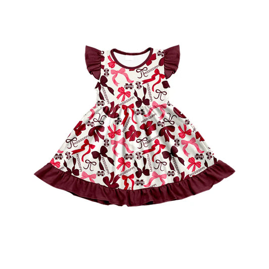 Preorder (moq 5) flutter sleeves M maroon bows girls team dress 8.22