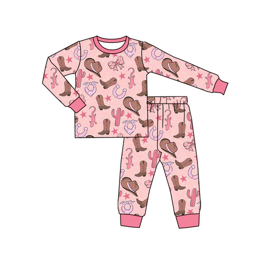 Preorder (moq 8)Baby Kids Long Sleeve Hats Boots Cactus Top Pants Western Pajamas Sets 9.19