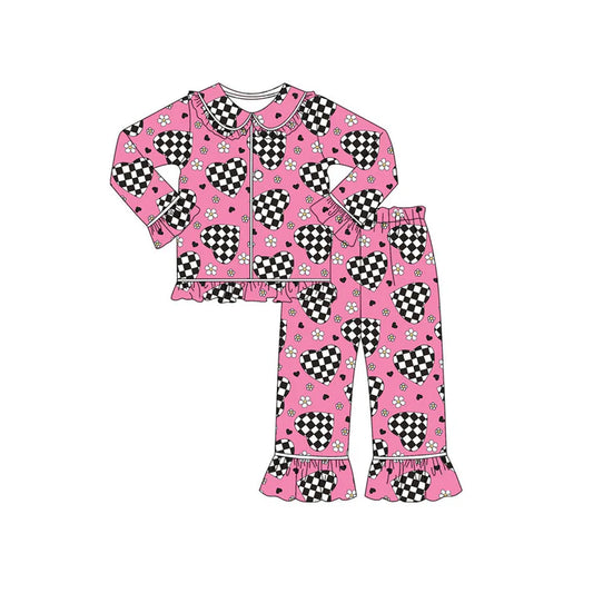 Preorder (moq 8)Baby Girls Black Checked Hearts Button Top Ruffle Pants Valentine Pajamas Sets 9.6