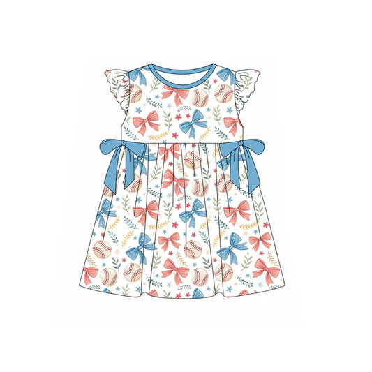 Preorder moq 5 Baby Girls Flutter Sleeves Blue Red Bows Baseballs 4th Of July Knee Length Dress 4.22