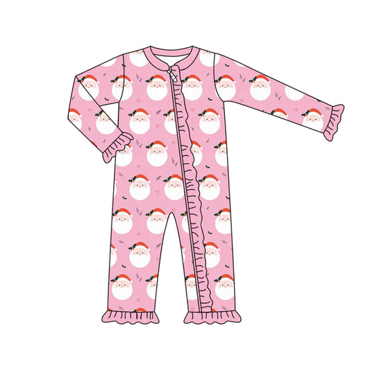 Preorder (moq 5)Baby Girls Pink Long Sleeves Santa Holly Plaid Ruffle Zipper Romper 7.2