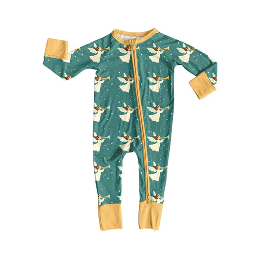 Preorder(moq 5)Baby Infant Boys Green Angles Plaid Christmas Zipper Rompers 8.4