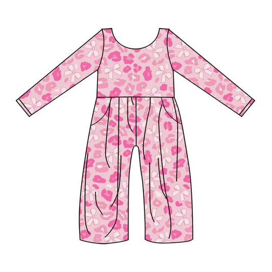 Preorder (moq 8)Baby Girls Long Sleeve Pink Bows Leopard Pockets Jumpsuits 9.12