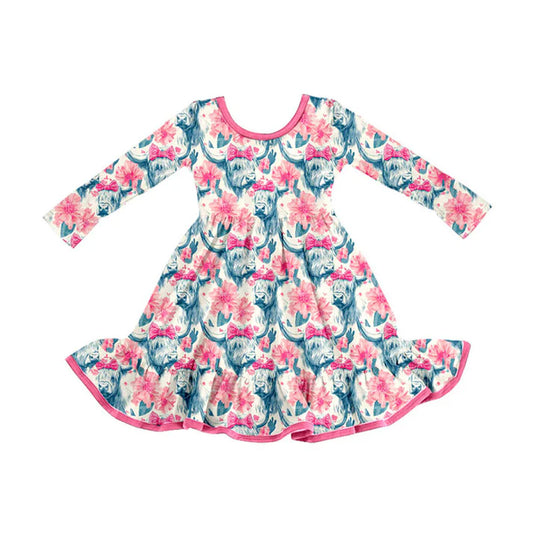 Preorder (moq 8)Baby Girls Highland Cows Flowers Western Ruffle Knee Length Dresses 9.10