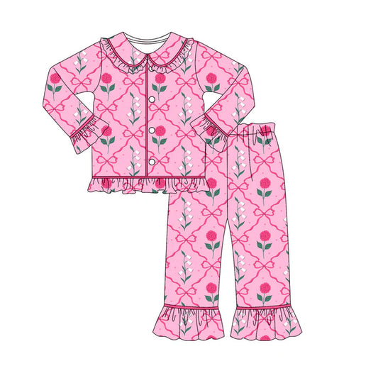 Preorder (moq 8)Baby Girls Pink Bows Flowers Checked Button Top Pants Valentine Pajamas Sets 9.22