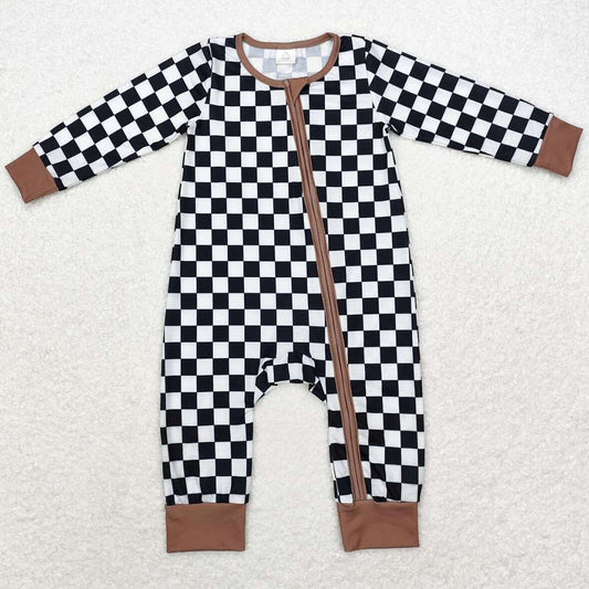 Baby Infant Boys Rompers Fall Black Checkered Zip Bamboo Rompers LR1436