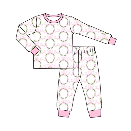 Preorder (moq 5)Baby Kids Long Sleeves Pink Bows Garland Top Pant Pajamas Set 5.21