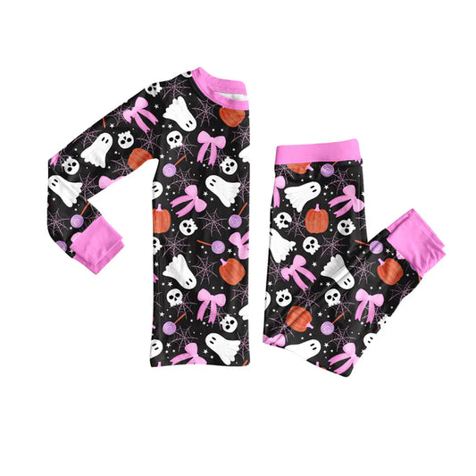 preorder(moq 5) Baby Girls Long Sleeves Bows Ghost Pumpkins Plaid Top Pants Pajamas Set 7.25