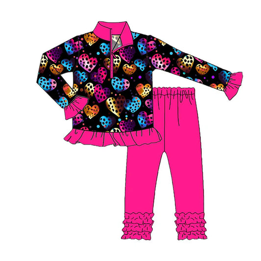 Preorder (moq 8)Baby Girls Polka Dots Hearts Zipper Pullover Ruffle Leggings Valentine Clothes Sets 9.11