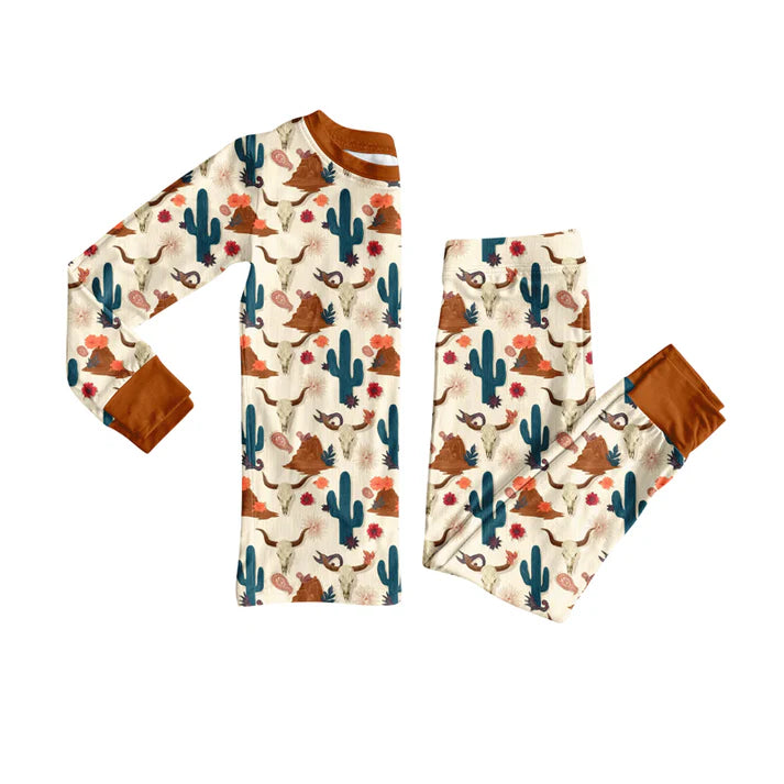Preorder (moq 5)Baby Boys Bull Skulls Cactus Top Pants Western Pajamas Sets 12.6