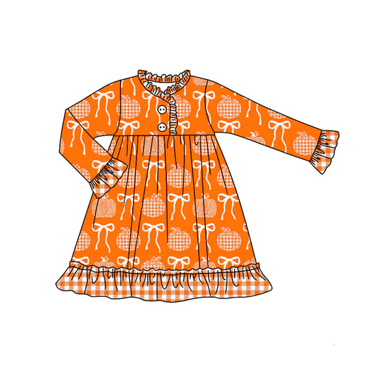 Preorder (moq 5)Baby Girls Long Ruffle Sleeves Bows Pumpkins Plaid Button Knee Length Dresses 7.1