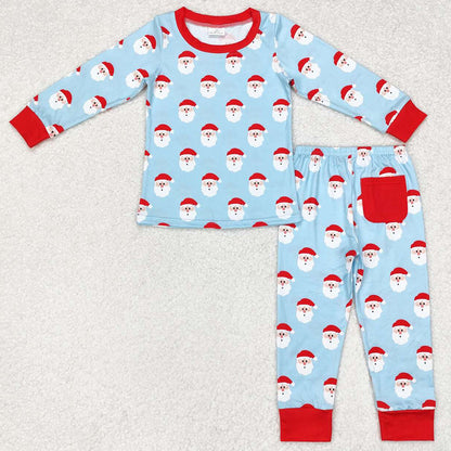 Baby Girls Pajamas Christmas Blue Red Santa Claus Shirt Top Ruffle Pants Pajamas Sets GLP1277