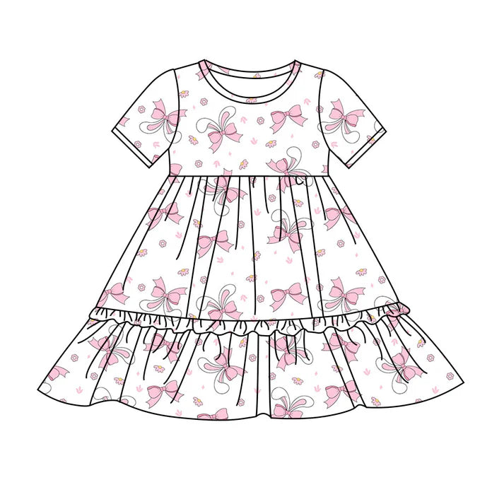 Preorder(moq 8)Baby Girls Pink Flowers Bows Rabbits Easter Ruffle Knee Length Dresses 9.25