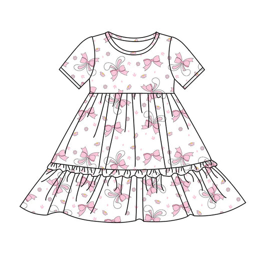 Preorder(moq 8)Baby Girls Pink Flowers Bows Rabbits Easter Ruffle Knee Length Dresses 9.25