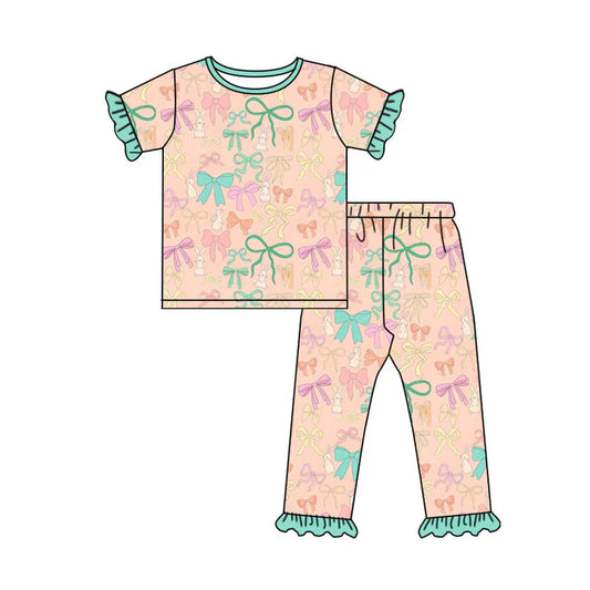 Preorder (moq 8)Baby Girls Colorful Bows Rabbits Top Ruffle Pants Easter Pajamas Sets 9.18