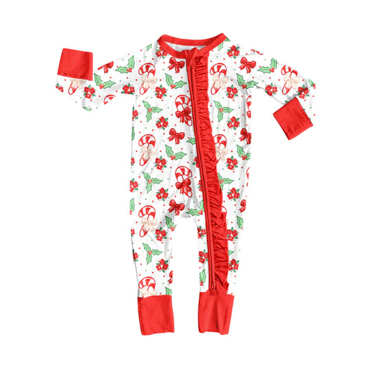 Preorder(moq 5)Baby Girls Christmas Holly Bows Zipper Footie Rompers 8.8