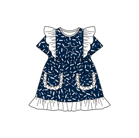 Preorder (moq 5)Baby Girls Flutter Short Sleeve Blue Sprinkles Stars Pockets Team Ruffle Knee Length Dresses 12.13