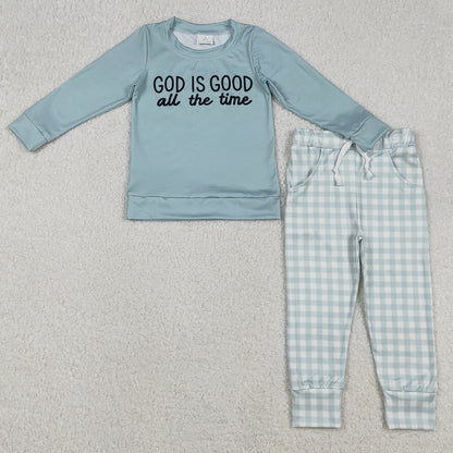 Baby Boys Clothes God Is Good Top Checked Pockets Jogger Pants Clothes Sets BLP1345 GLP3038 12.3