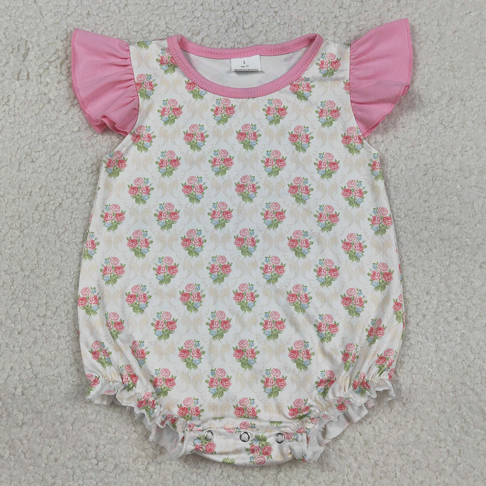 Baby Girls Rompers Pink Flutter Sleeve Flowers Checked Ruffle Rompers SR3677