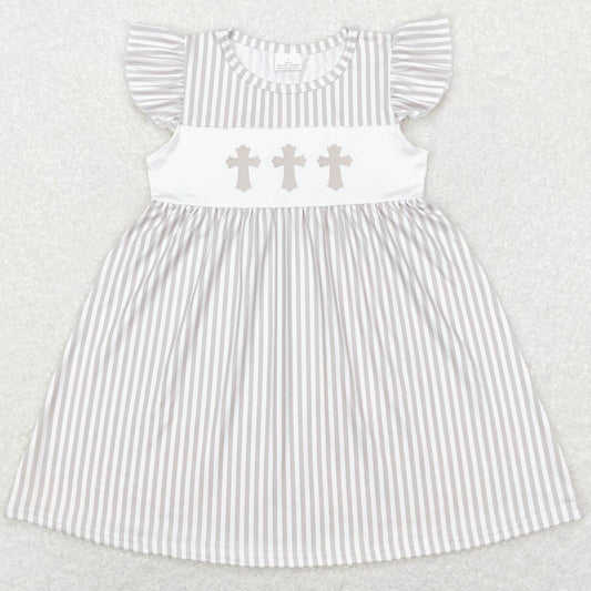 Baby Girls Dress Grey Stripes Easter Cross Knee Length Dresses GSD0568