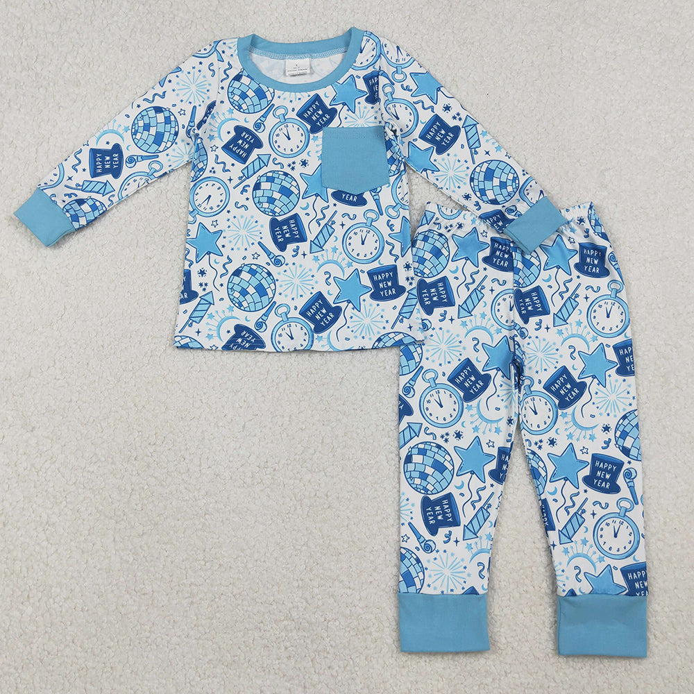 Baby Boys Pajamas Blue Pocket Happy New Year Top Pant Pajamas Set BLP1259 10.21