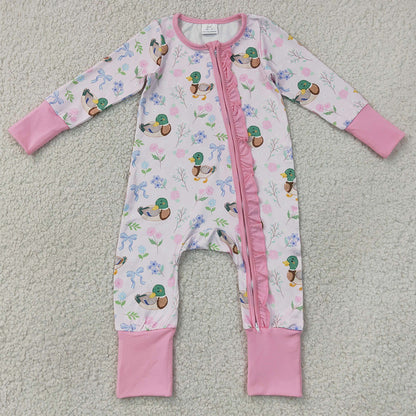 Baby Girls Rompers Flowers Ducks Hunting Two Way Ruffle Zip Convertible Rompers LR3071