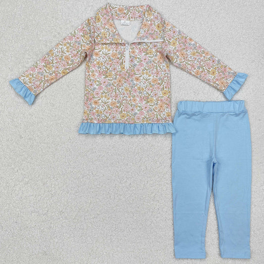 Baby Girls Clothes Spring Flowers Zip Pullovers Blue Legging Clothes Sets GLP2323