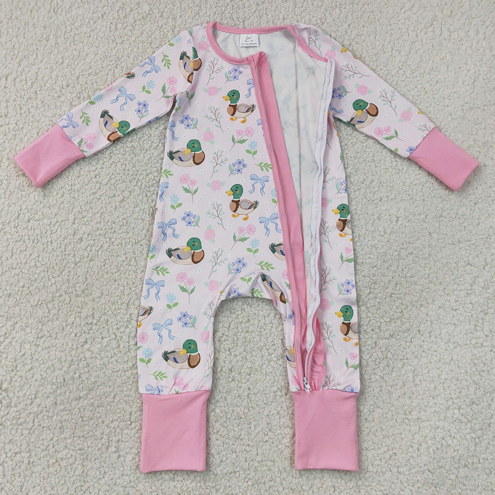 Baby Girls Rompers Flowers Ducks Hunting Two Way Ruffle Zip Convertible Rompers LR3071