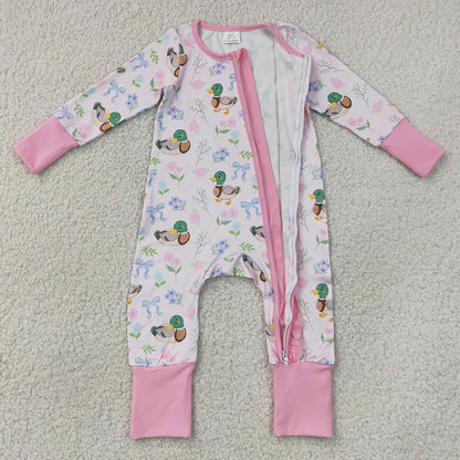Baby Girls Rompers Flowers Ducks Hunting Two Way Ruffle Zip Convertible Rompers LR3071