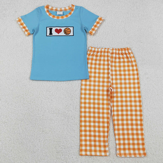 Baby Boys Clothes Embroidery I Love Basketball Top Checked Pants Team Clothes Sets BSPO0619 12.10